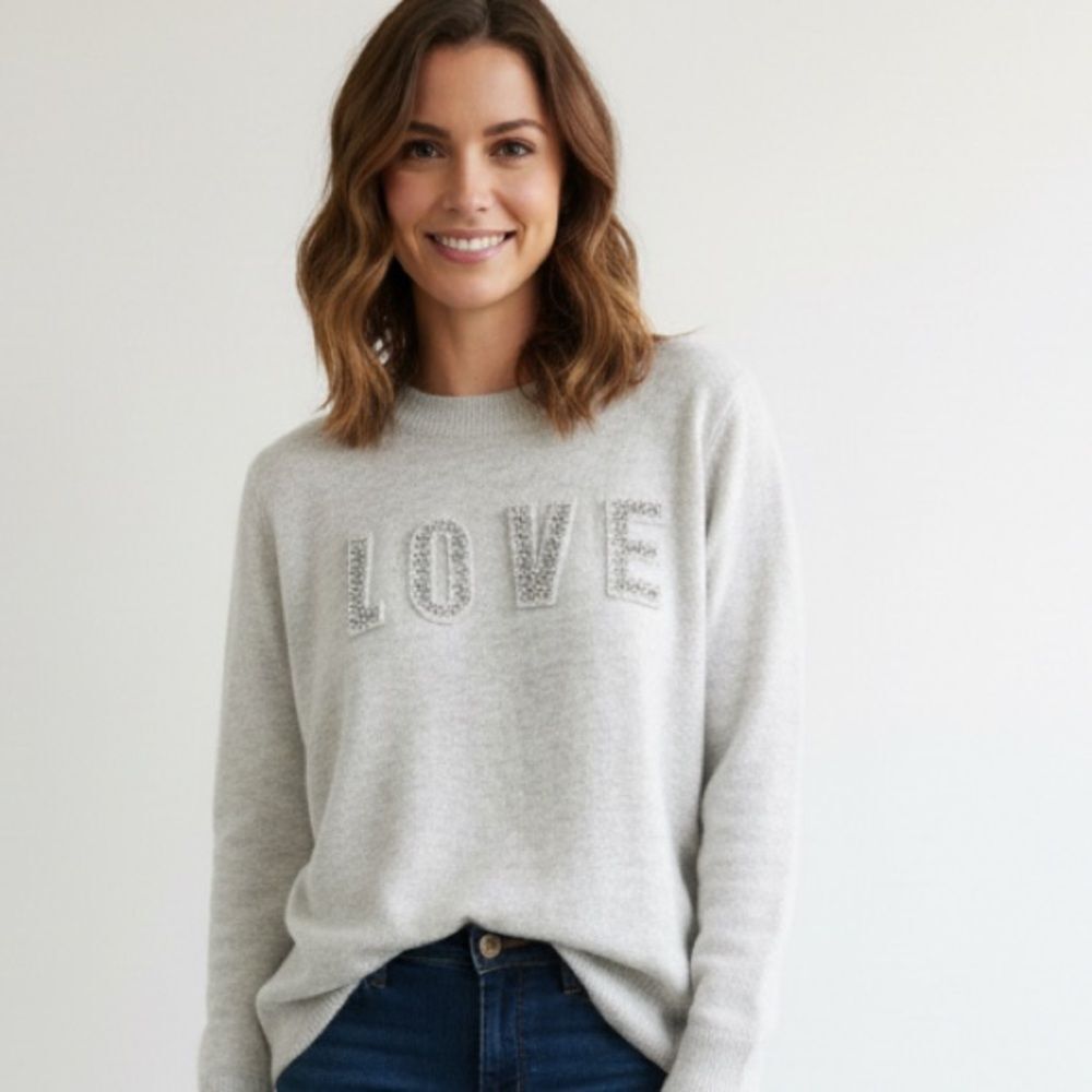 H&M LOVE Gray Sequin Pearl Beaded Crewneck Sweater Women’s Medium